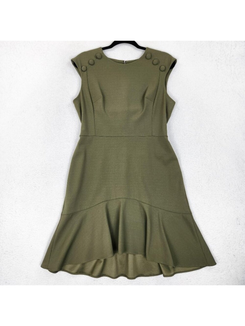 Calvin Klein Dress Womens 10 Green Ruffle Peplum Hem Fit & Flare Button Shoulder